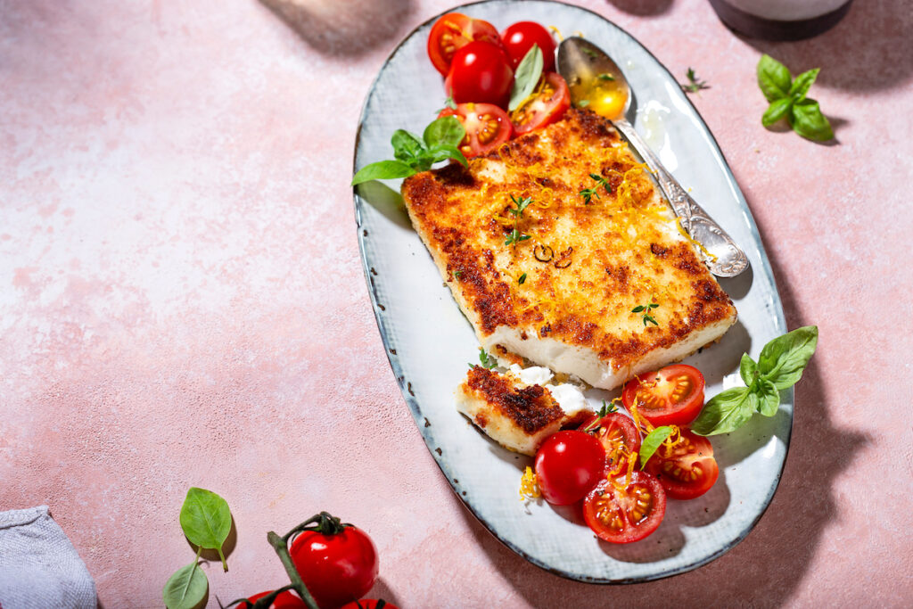 feta fritta con miele e pomodori confit